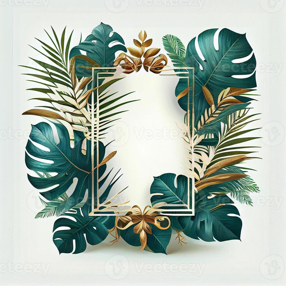 Template, postcard, banner for advertising green tropical Monstera leaves, palm trees - image photo