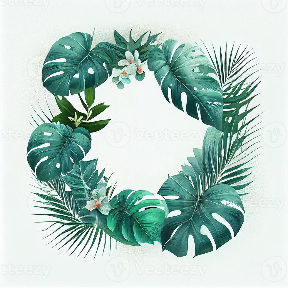 Template, postcard, banner for advertising green tropical Monstera leaves, palm trees - image photo