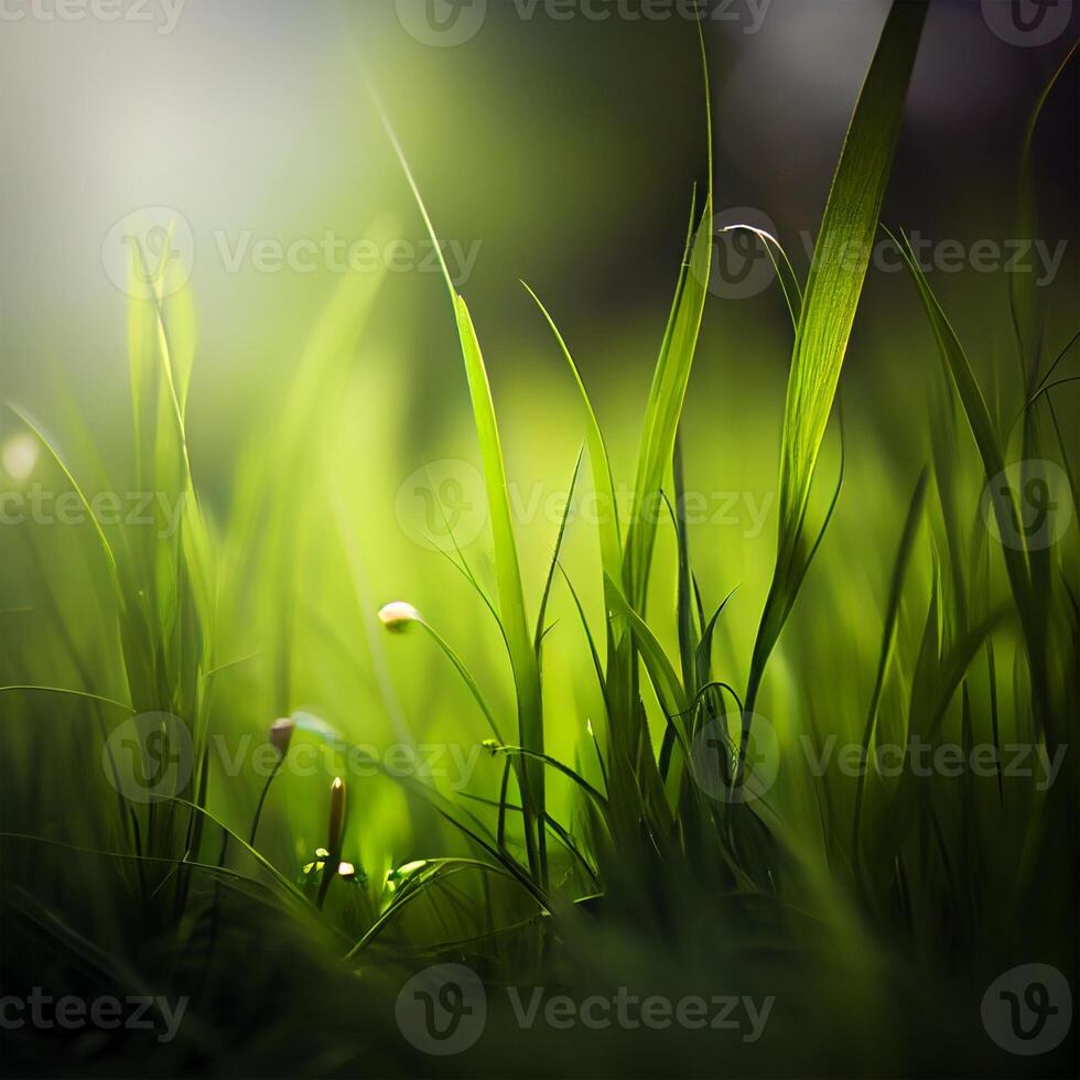 Beautiful texture of green meadow grass with dew drops close up, abstract blur natural bokeh background - Image photo