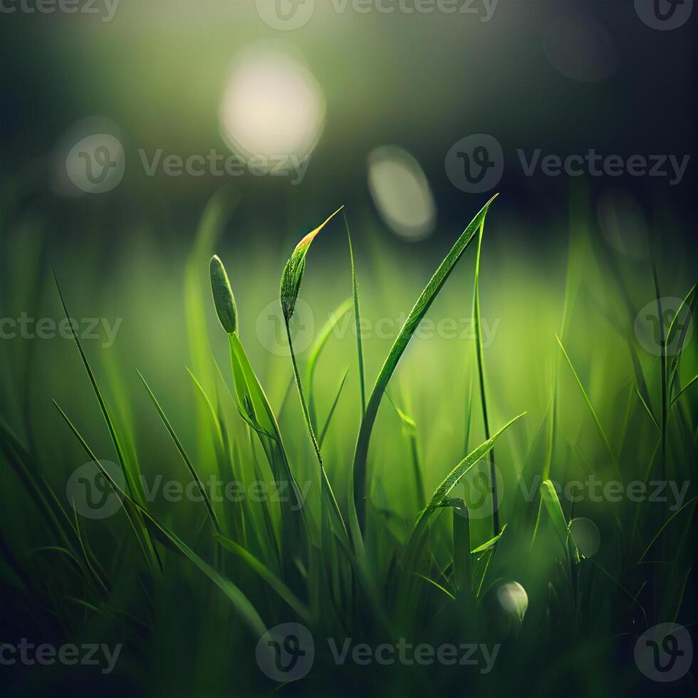 Beautiful texture of green meadow grass with dew drops close up, abstract blur natural bokeh background - Image photo
