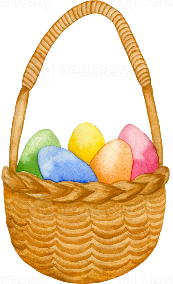 Watercolor wicker basket with colored eggs. High quality hand drawn Easter basket with eggs illustration png