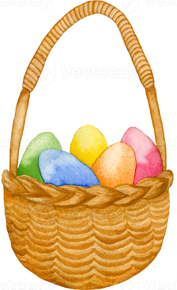 acuarela mimbre cesta con de colores huevos. alto calidad mano dibujado Pascua de Resurrección cesta con huevos ilustración png