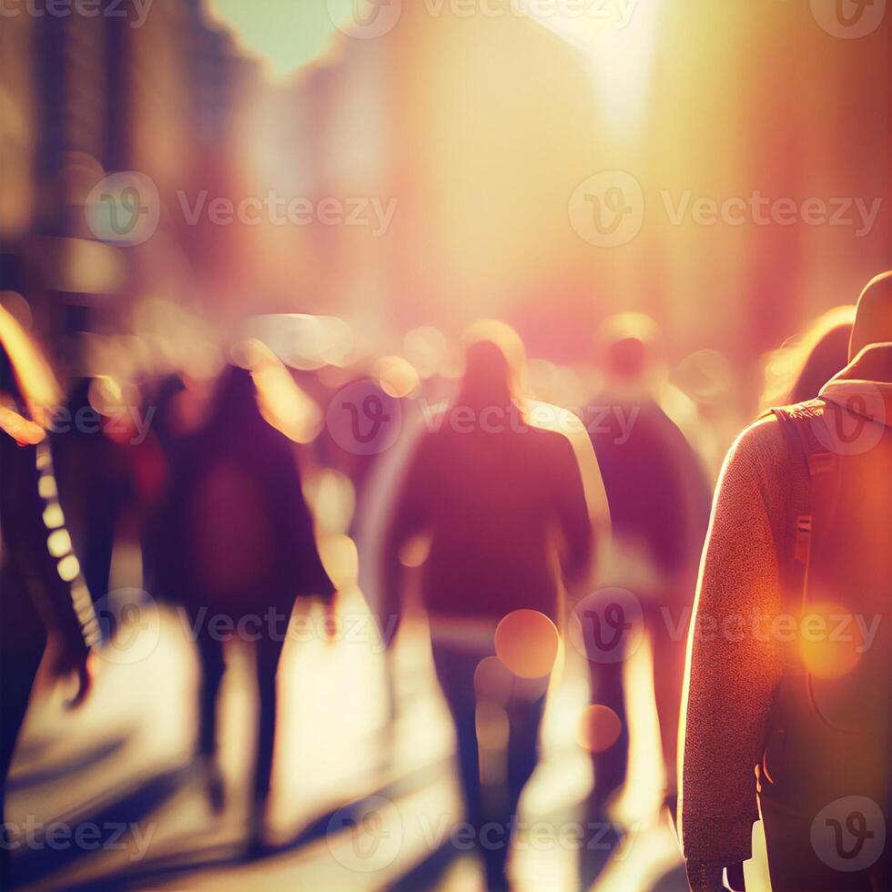 Crowd of people walking from work, sunset blurred bokeh background - image photo