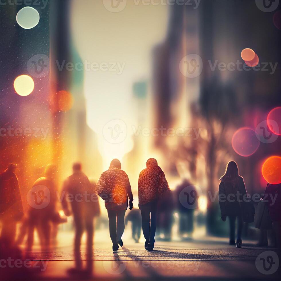 multitud de personas caminando desde trabajar, puesta de sol borroso bokeh antecedentes - ai generado imagen foto