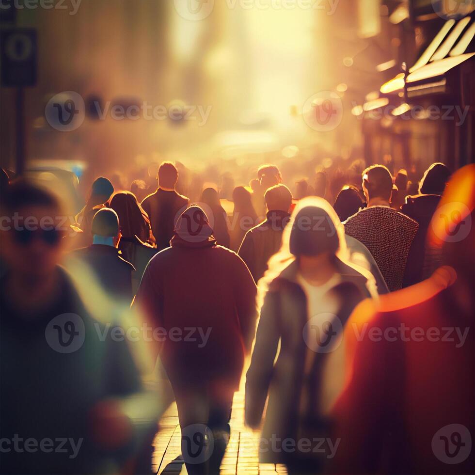 multitud de personas caminando desde trabajar, puesta de sol borroso bokeh antecedentes - ai generado imagen foto