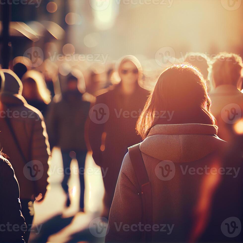 Crowd of people walking from work, sunset blurred bokeh background - image photo