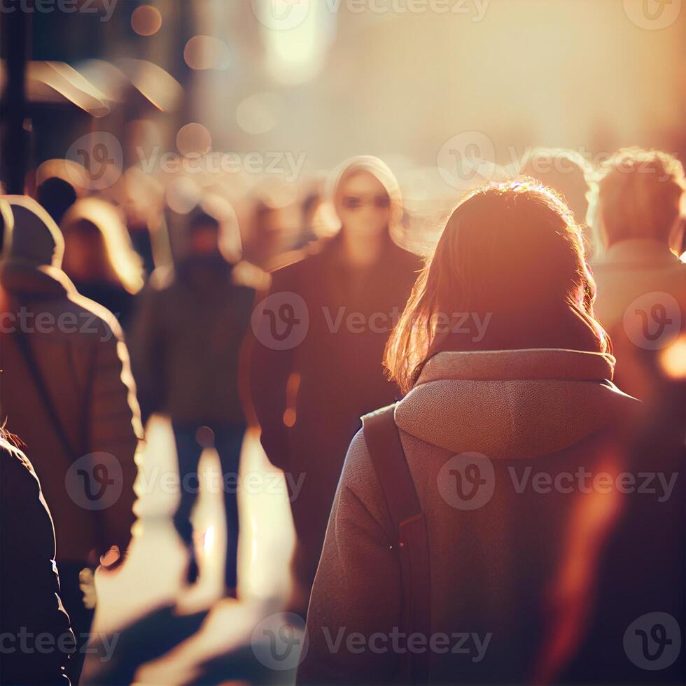 multitud de personas caminando desde trabajar, puesta de sol borroso bokeh antecedentes - ai generado imagen foto