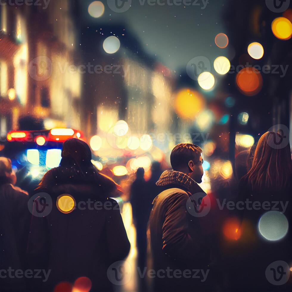 Crowd of people walking from work, sunset blurred bokeh background - image photo