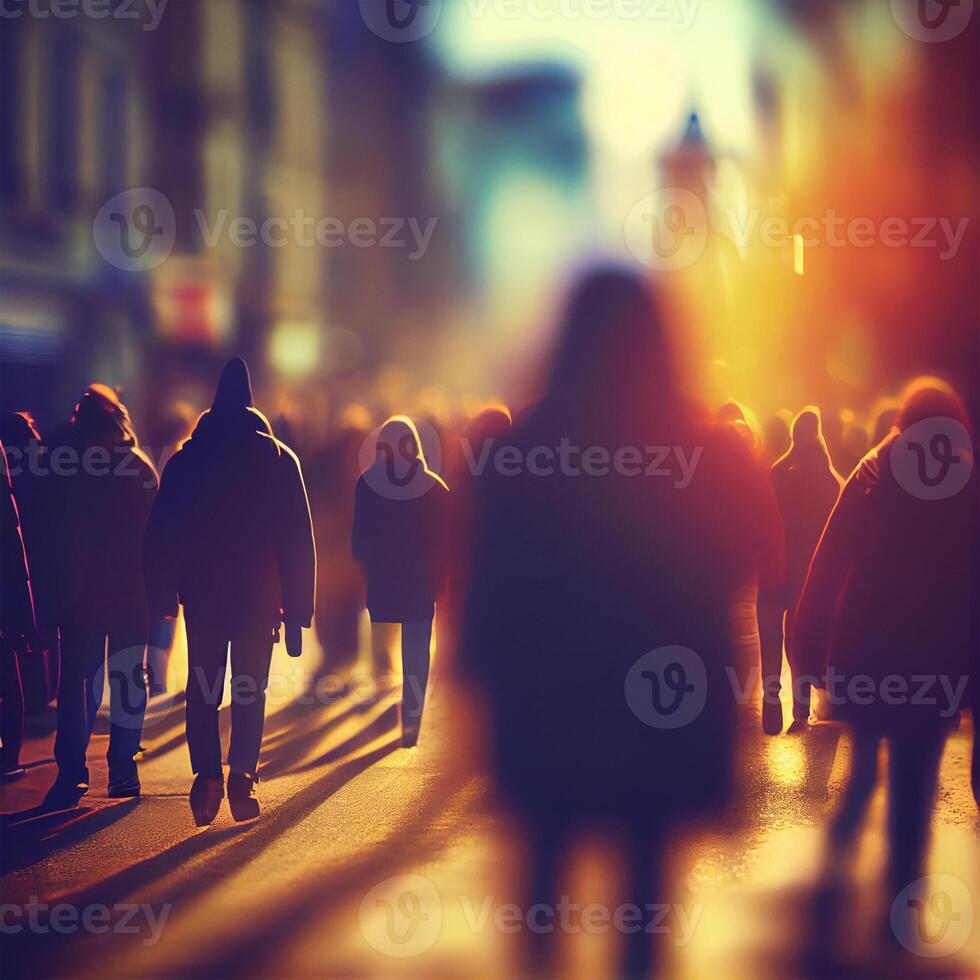 multitud de personas caminando desde trabajar, puesta de sol borroso bokeh antecedentes - ai generado imagen foto