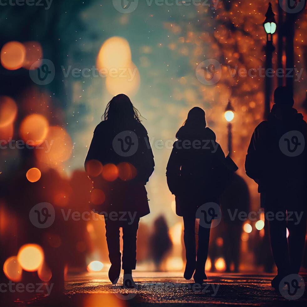 multitud de personas caminando desde trabajar, puesta de sol borroso bokeh antecedentes - ai generado imagen foto