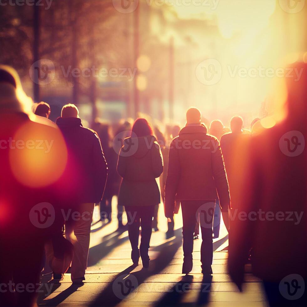 multitud de personas caminando desde trabajar, puesta de sol borroso bokeh antecedentes - ai generado imagen foto