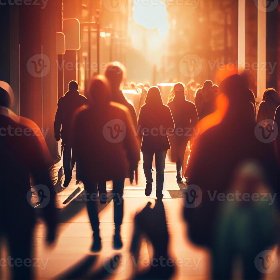 multitud de personas caminando desde trabajar, puesta de sol borroso bokeh antecedentes - ai generado imagen foto