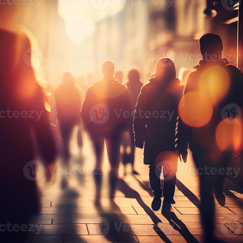 multitud de personas caminando desde trabajar, puesta de sol borroso bokeh antecedentes - ai generado imagen foto