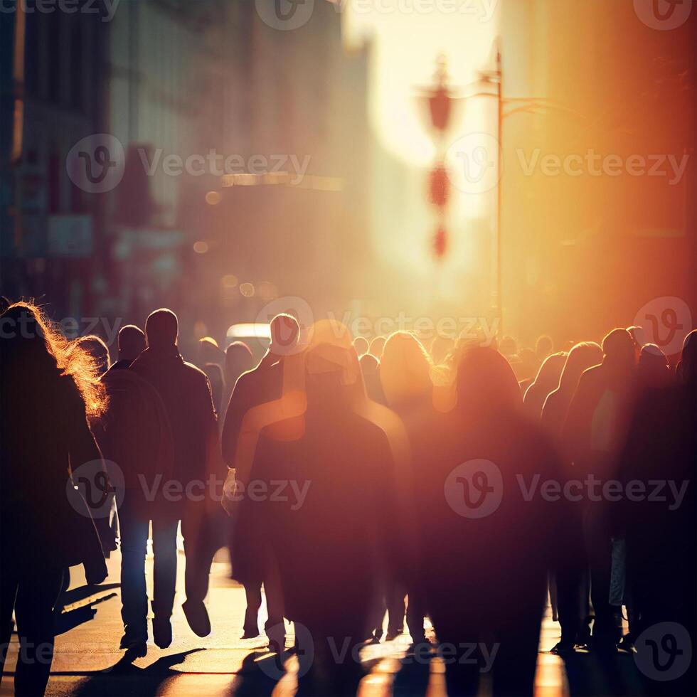 multitud de personas caminando desde trabajar, puesta de sol borroso bokeh antecedentes - ai generado imagen foto