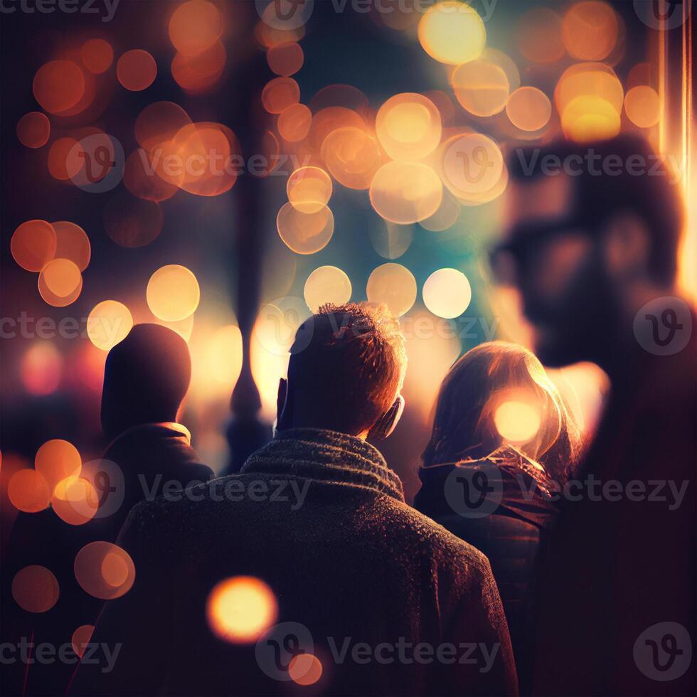 Crowd of people walking from work, sunset blurred bokeh background - image photo