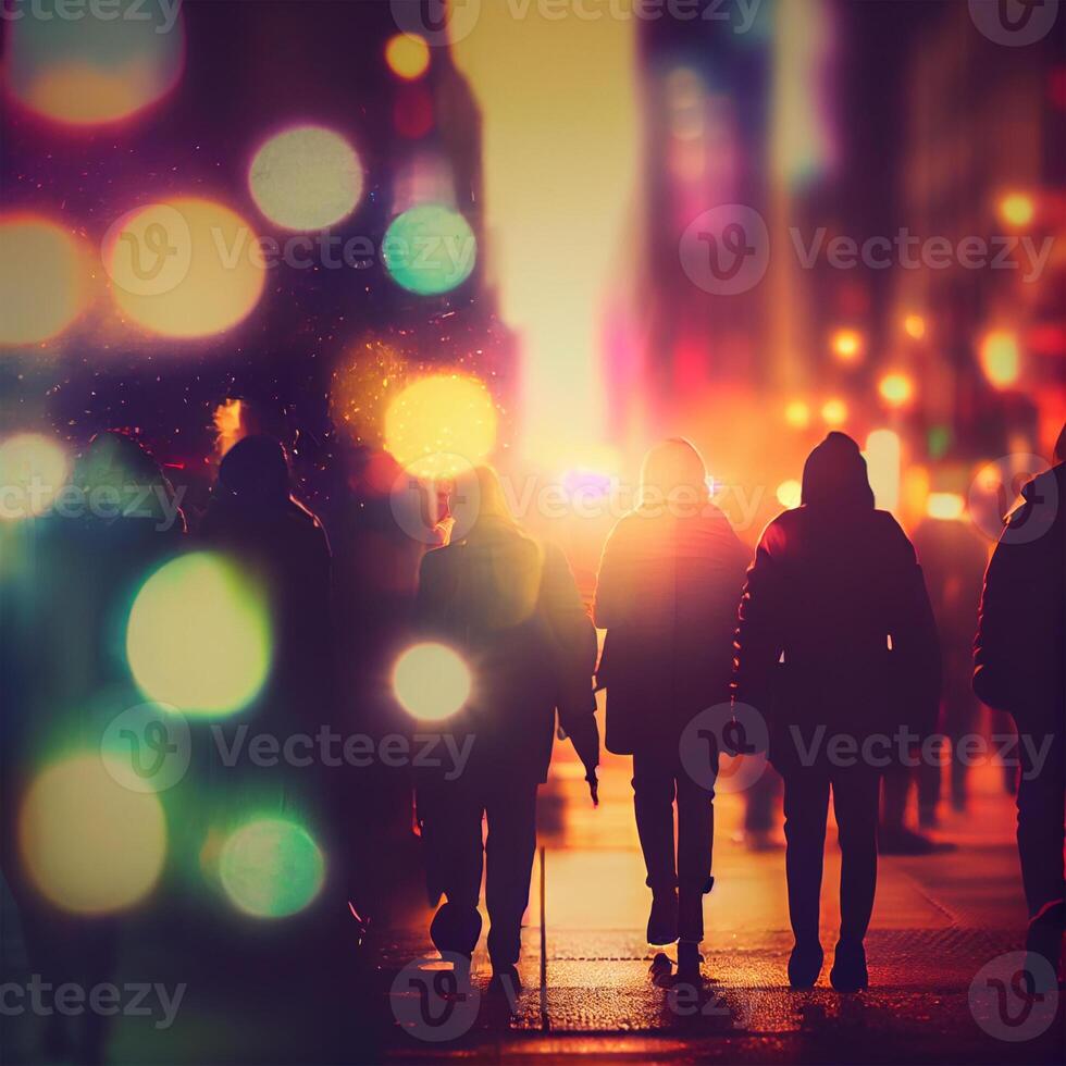 multitud de personas caminando desde trabajar, puesta de sol borroso bokeh antecedentes - ai generado imagen foto