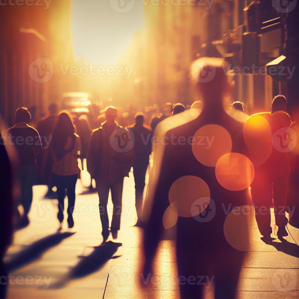 multitud de personas caminando desde trabajar, puesta de sol borroso bokeh antecedentes - ai generado imagen foto