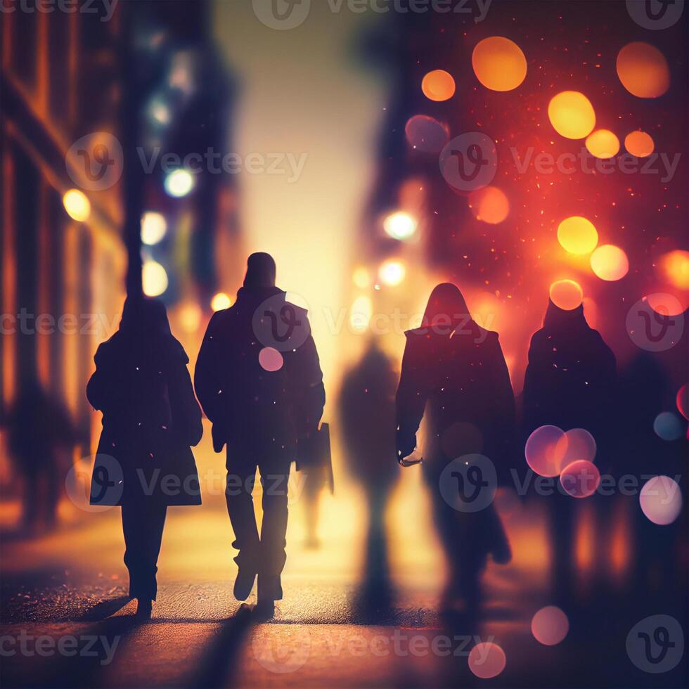 Crowd of people walking from work, sunset blurred bokeh background - image photo