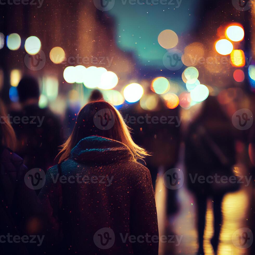 Crowd of people walking from work, sunset blurred bokeh background - image photo