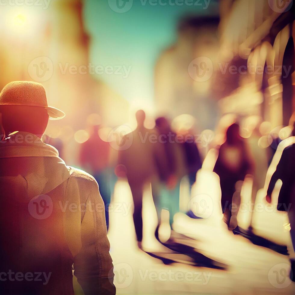 Crowd of people walking from work, sunset blurred bokeh background - image photo