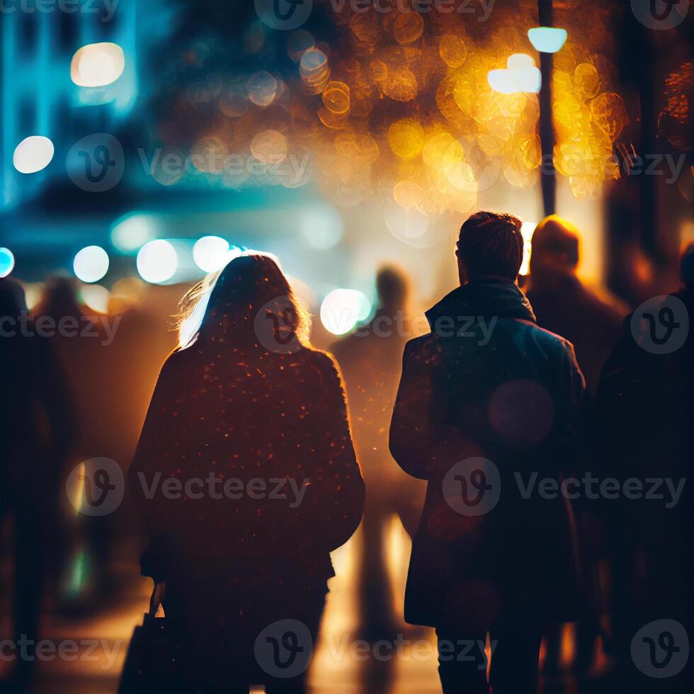 Crowd of people walking from work, sunset blurred bokeh background - image photo