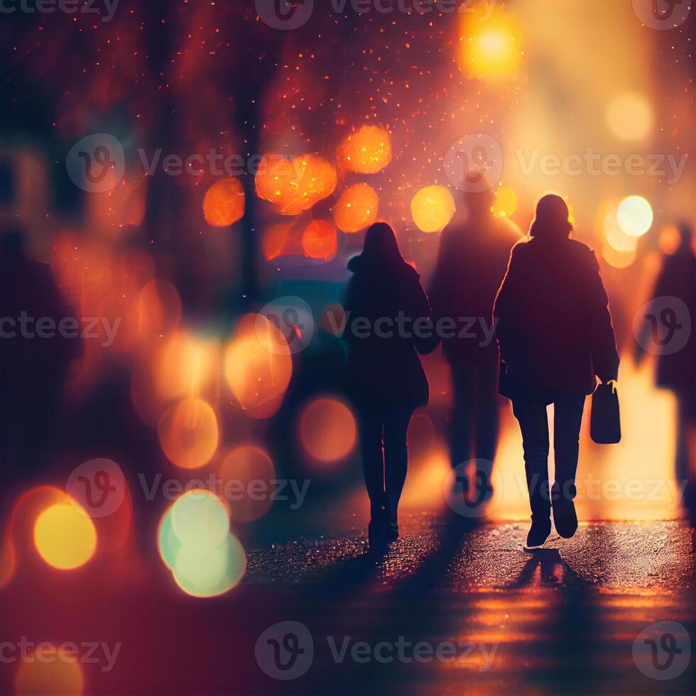 multitud de personas caminando desde trabajar, puesta de sol borroso bokeh antecedentes - ai generado imagen foto