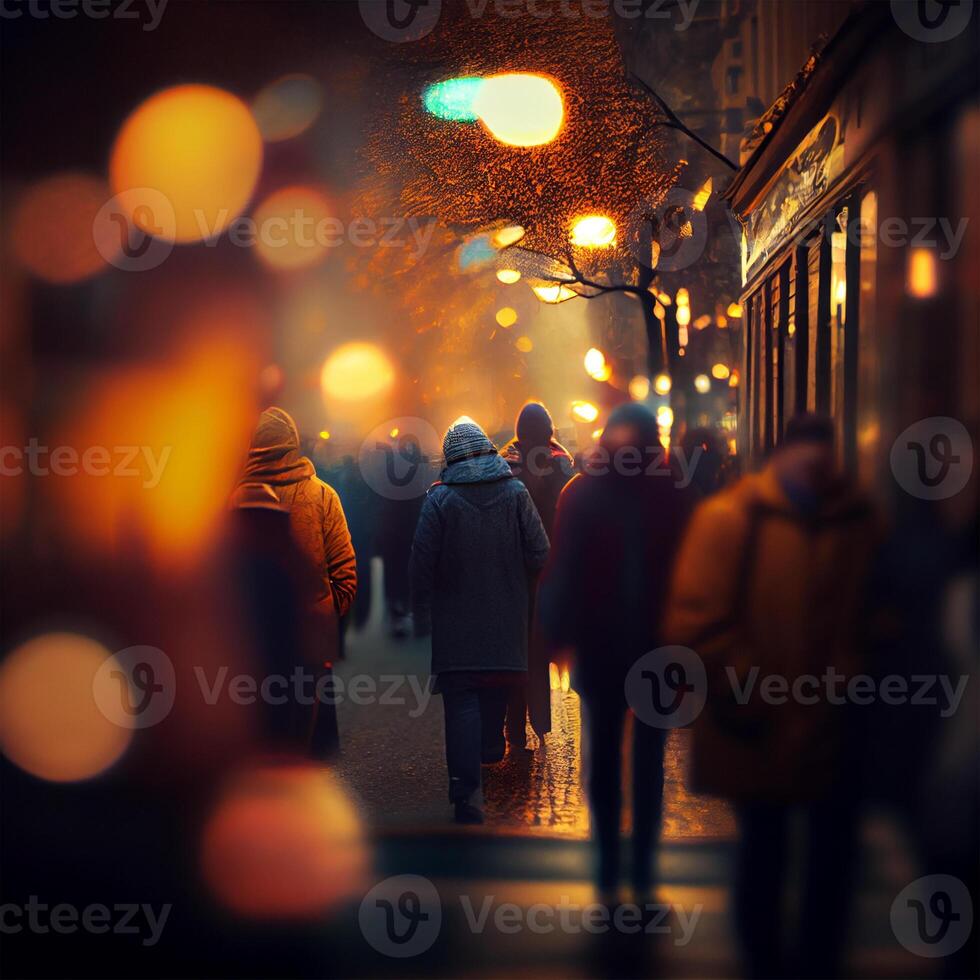 Crowd of people walking from work, sunset blurred bokeh background - image photo