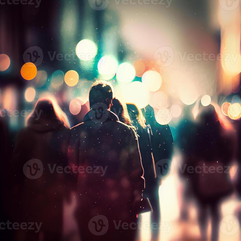 Crowd of people walking from work, sunset blurred bokeh background - image photo