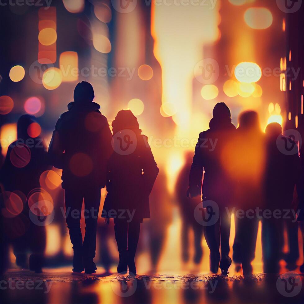 multitud de personas caminando desde trabajar, puesta de sol borroso bokeh antecedentes - ai generado imagen foto