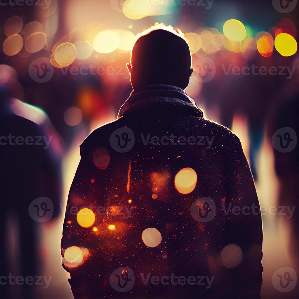 Crowd of people walking from work, sunset blurred bokeh background - image photo