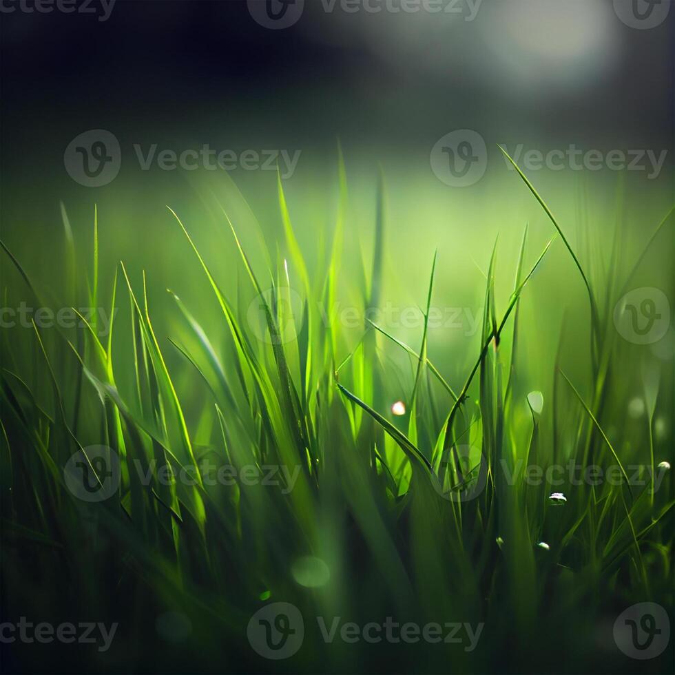 Beautiful texture of green meadow grass with dew drops close up, abstract blur natural bokeh background - Image photo