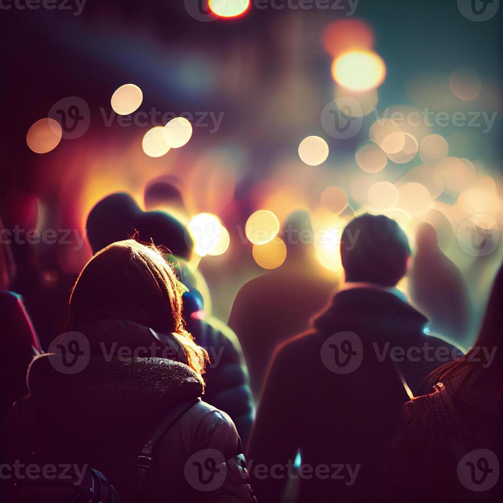 Crowd of people walking from work, sunset blurred bokeh background - image photo