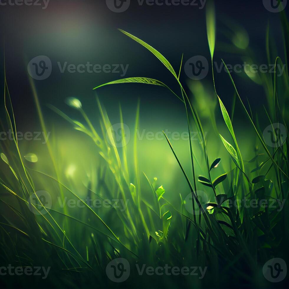 Beautiful texture of green meadow grass with dew drops close up, abstract blur natural bokeh background - Image photo