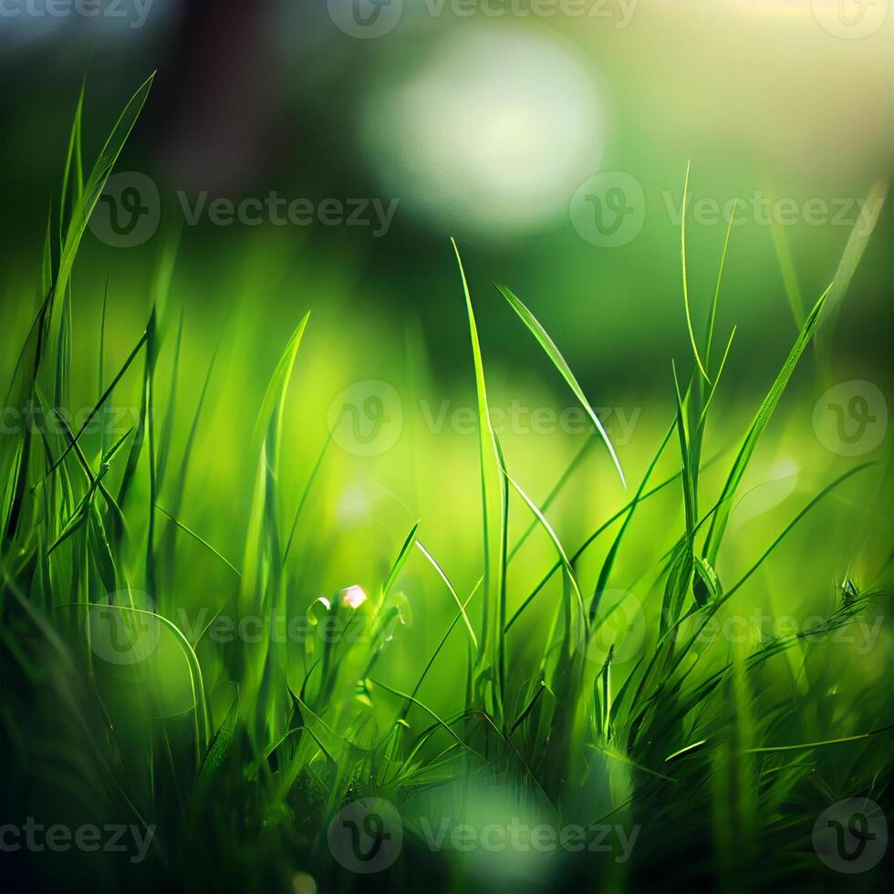 Beautiful texture of green meadow grass with dew drops close up, abstract blur natural bokeh background - Image photo