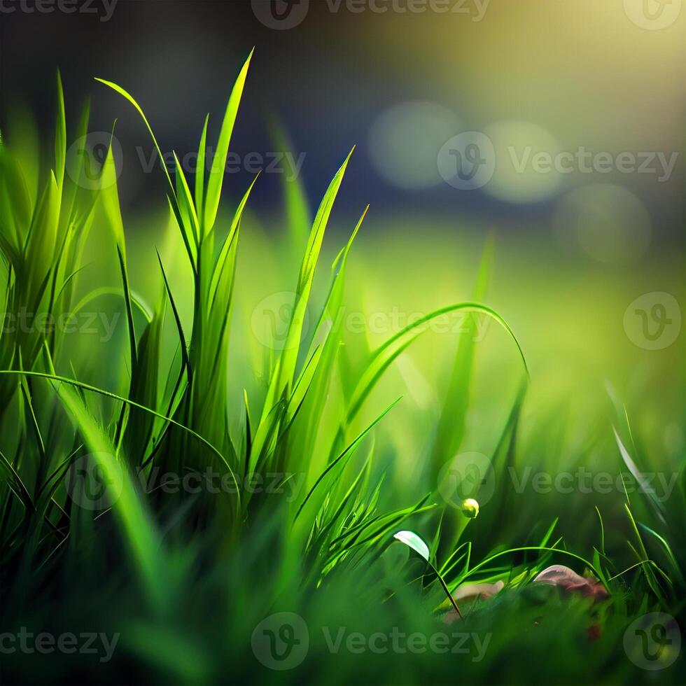 Beautiful texture of green meadow grass with dew drops close up, abstract blur natural bokeh background - Image photo