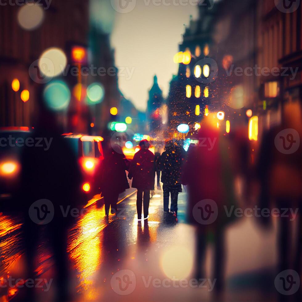 Crowd of people walking from work, sunset blurred bokeh background - image photo