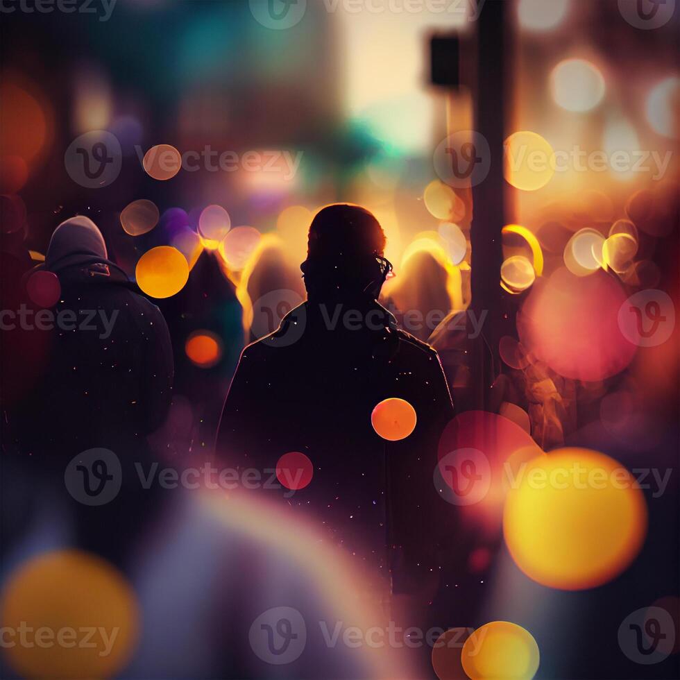 Crowd of people walking from work, sunset blurred bokeh background - image photo