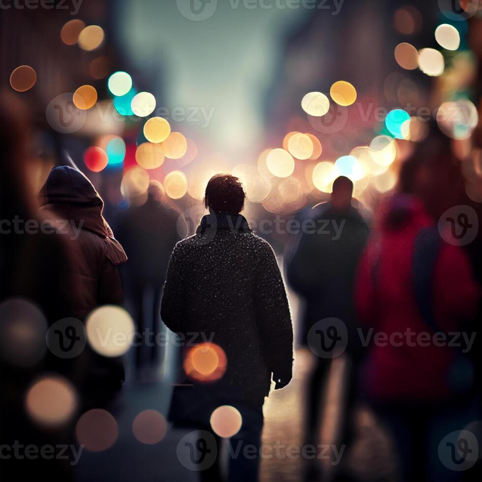 Crowd of people walking from work, sunset blurred bokeh background - image photo