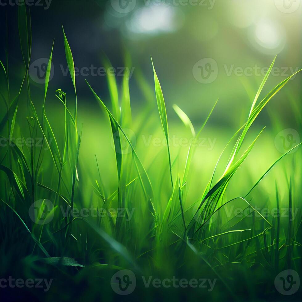 hermosa textura de verde prado césped con Rocío gotas cerca arriba, resumen difuminar natural bokeh antecedentes - ai generado imagen foto