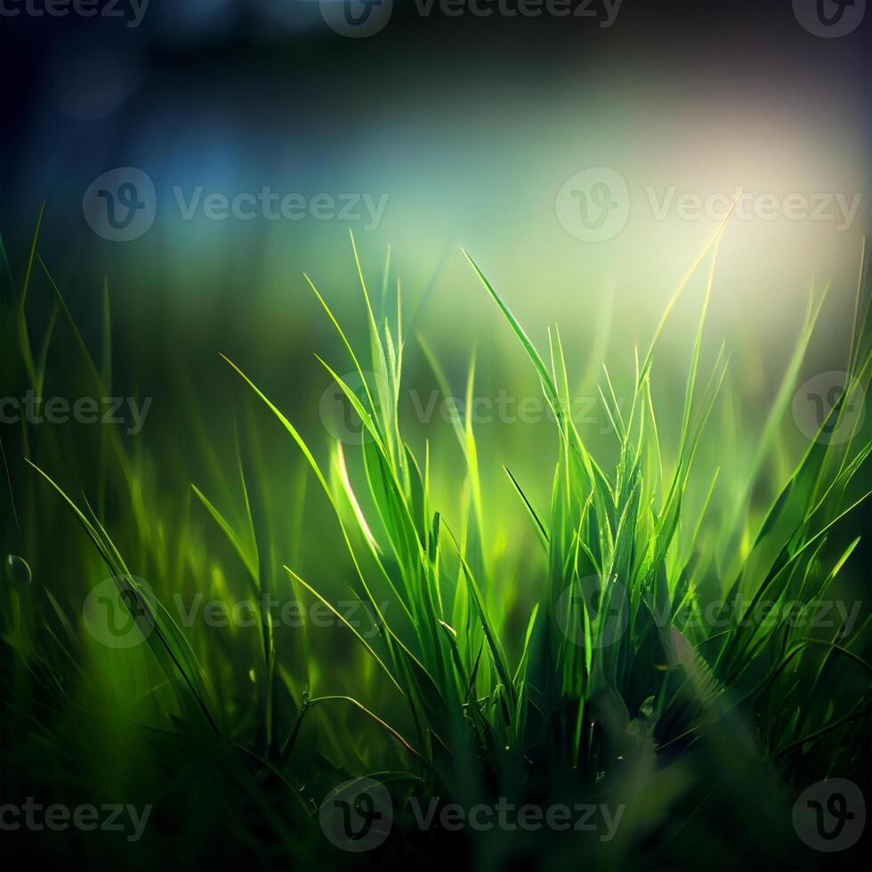 hermosa textura de verde prado césped con Rocío gotas cerca arriba, resumen difuminar natural bokeh antecedentes - ai generado imagen foto