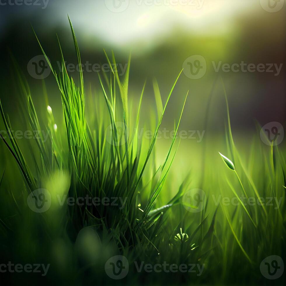 Beautiful texture of green meadow grass with dew drops close up, abstract blur natural bokeh background - Image photo