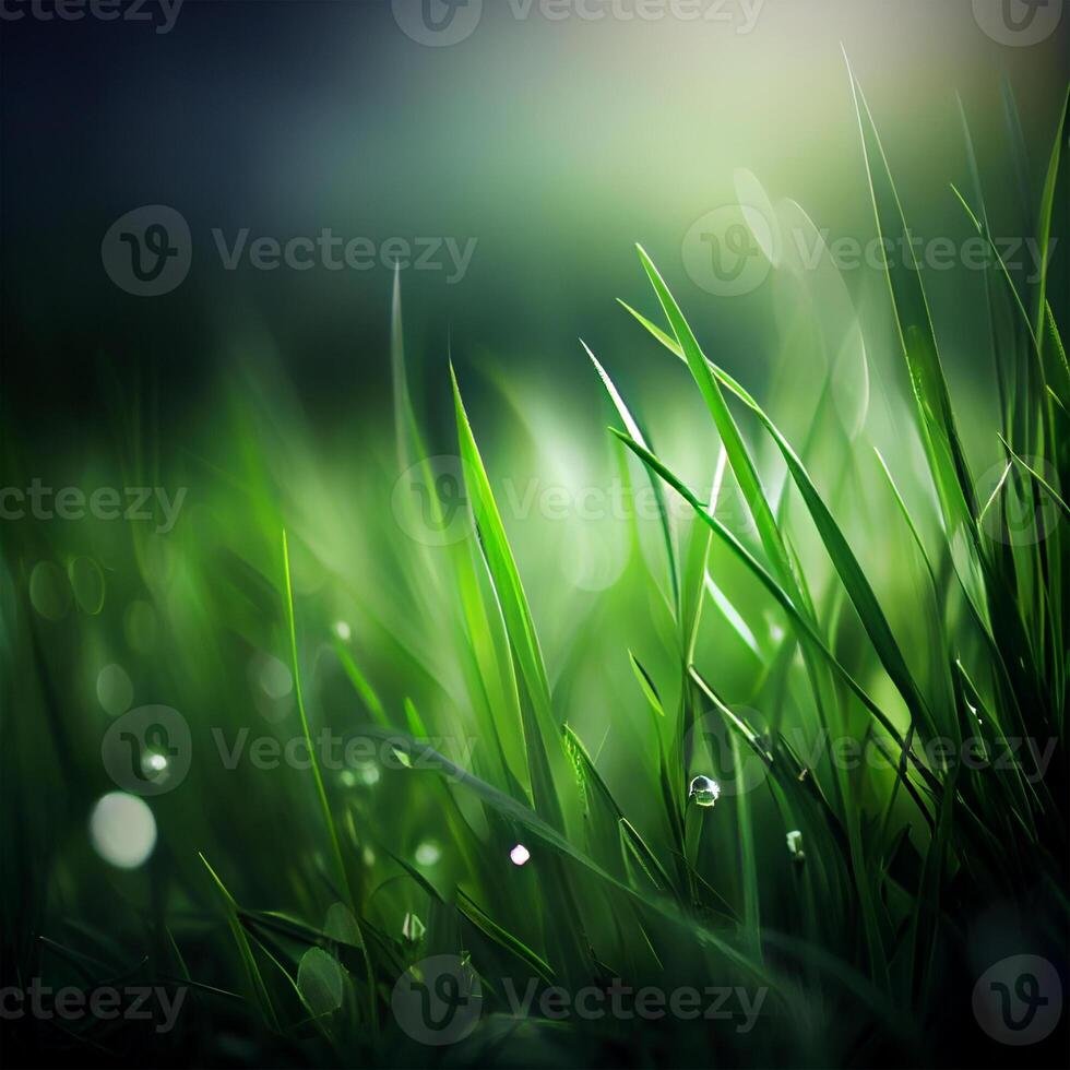 Beautiful texture of green meadow grass with dew drops close up, abstract blur natural bokeh background - Image photo