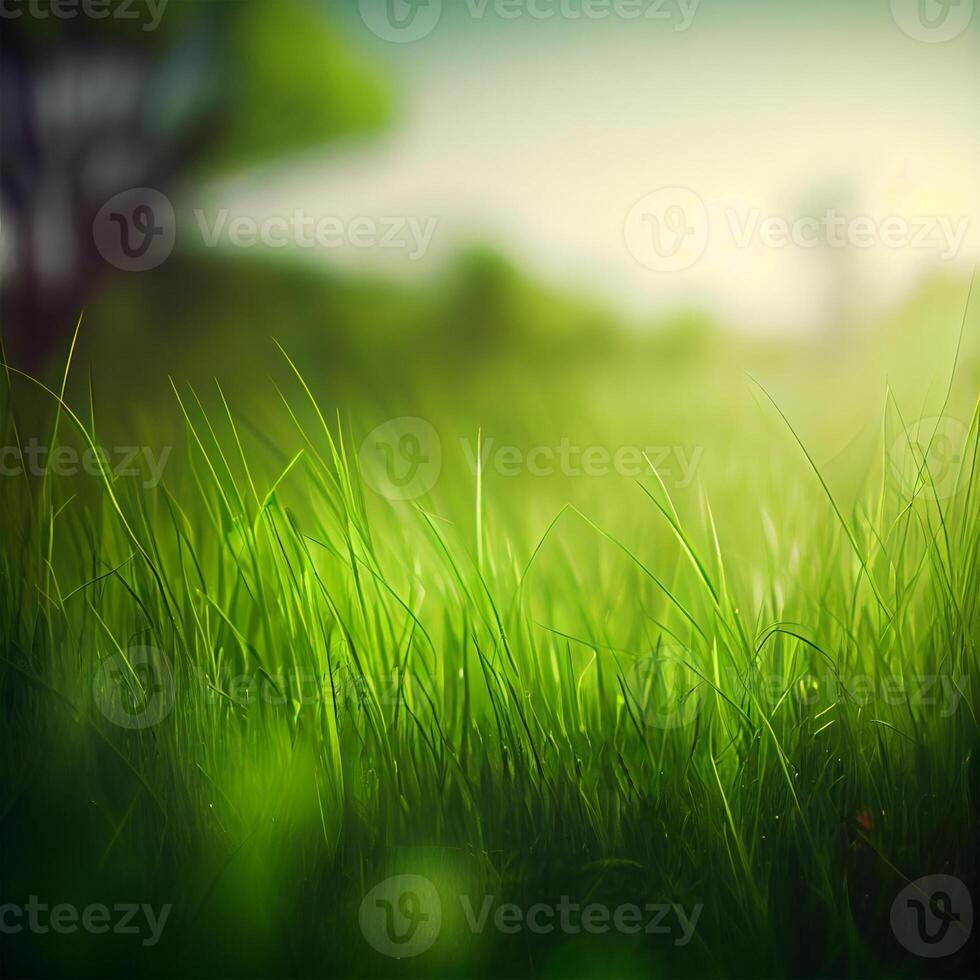 Beautiful texture of green meadow grass with dew drops close up, abstract blur natural bokeh background - Image photo