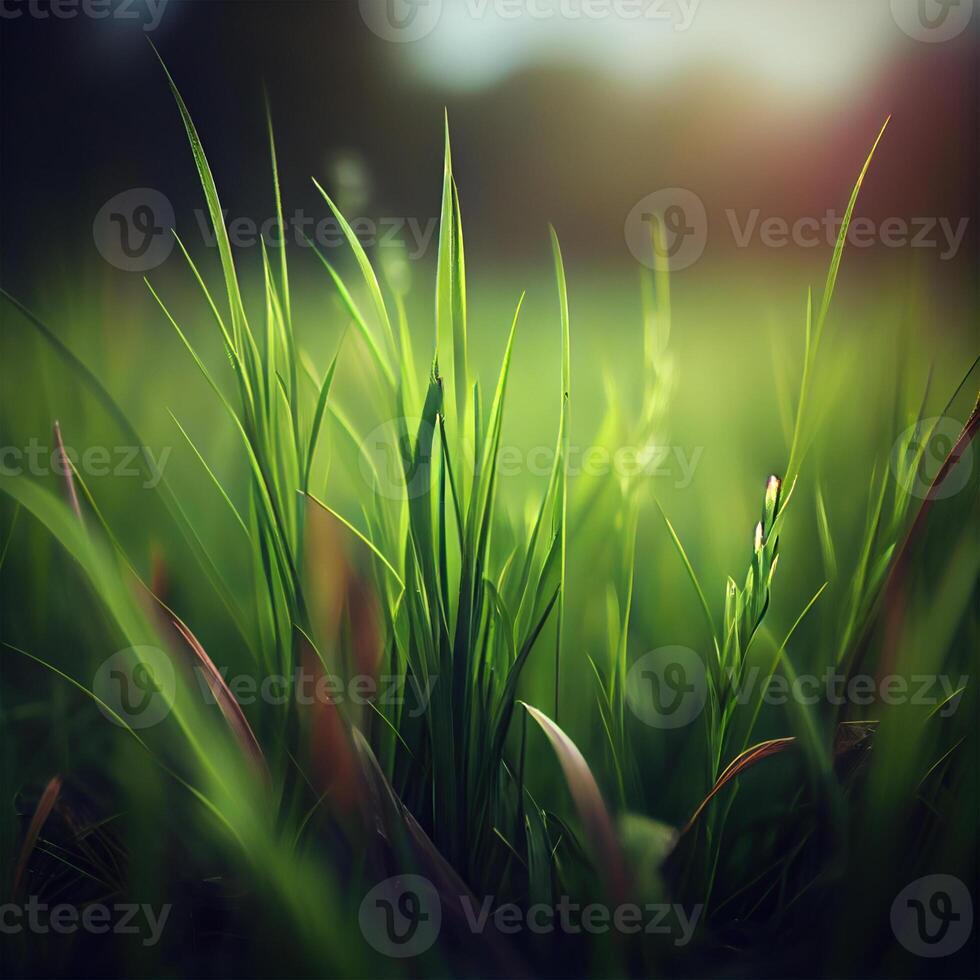 Beautiful texture of green meadow grass with dew drops close up, abstract blur natural bokeh background - Image photo