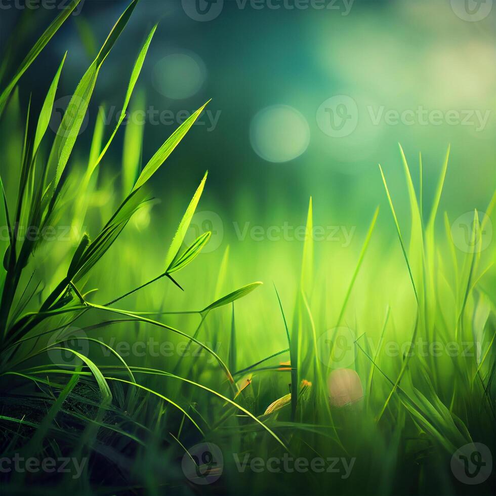 Beautiful texture of green meadow grass with dew drops close up, abstract blur natural bokeh background - Image photo