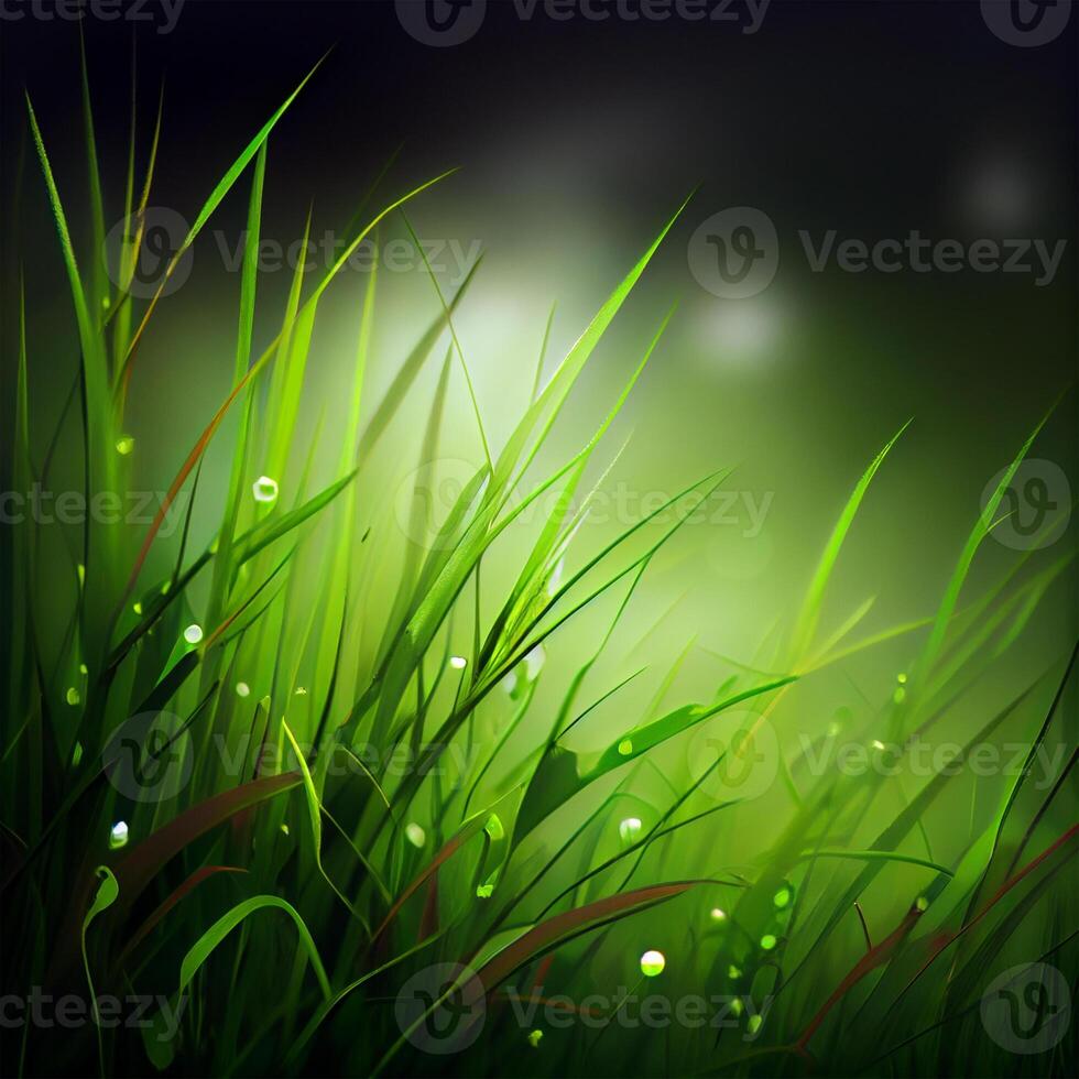 Beautiful texture of green meadow grass with dew drops close up, abstract blur natural bokeh background - Image photo