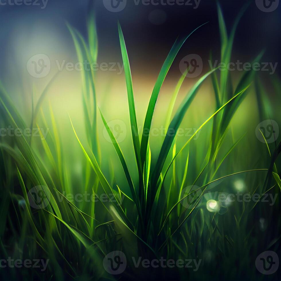 Beautiful texture of green meadow grass with dew drops close up, abstract blur natural bokeh background - Image photo