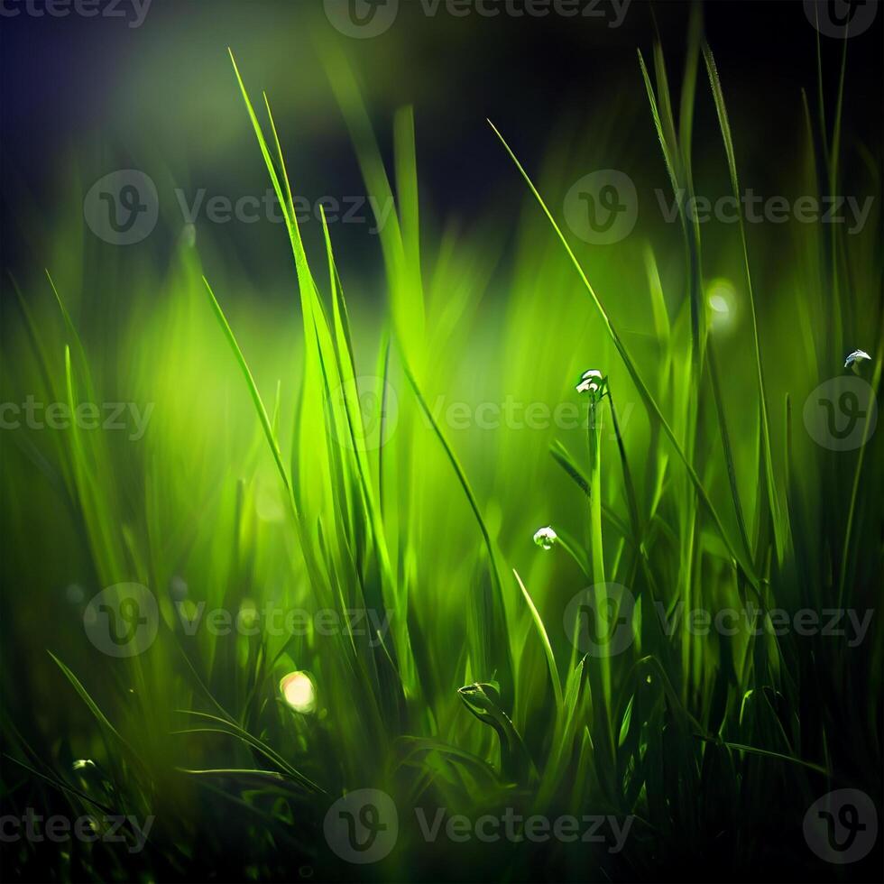 Beautiful texture of green meadow grass with dew drops close up, abstract blur natural bokeh background - Image photo