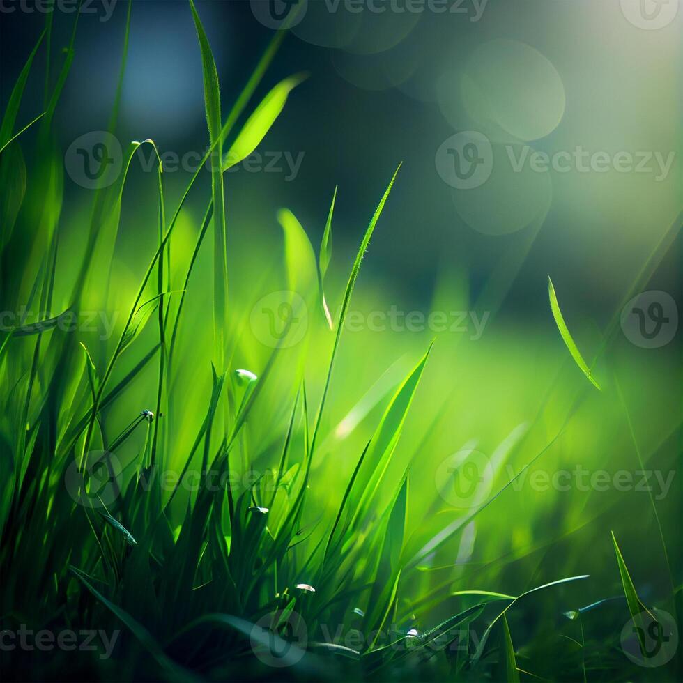 Beautiful texture of green meadow grass with dew drops close up, abstract blur natural bokeh background - Image photo