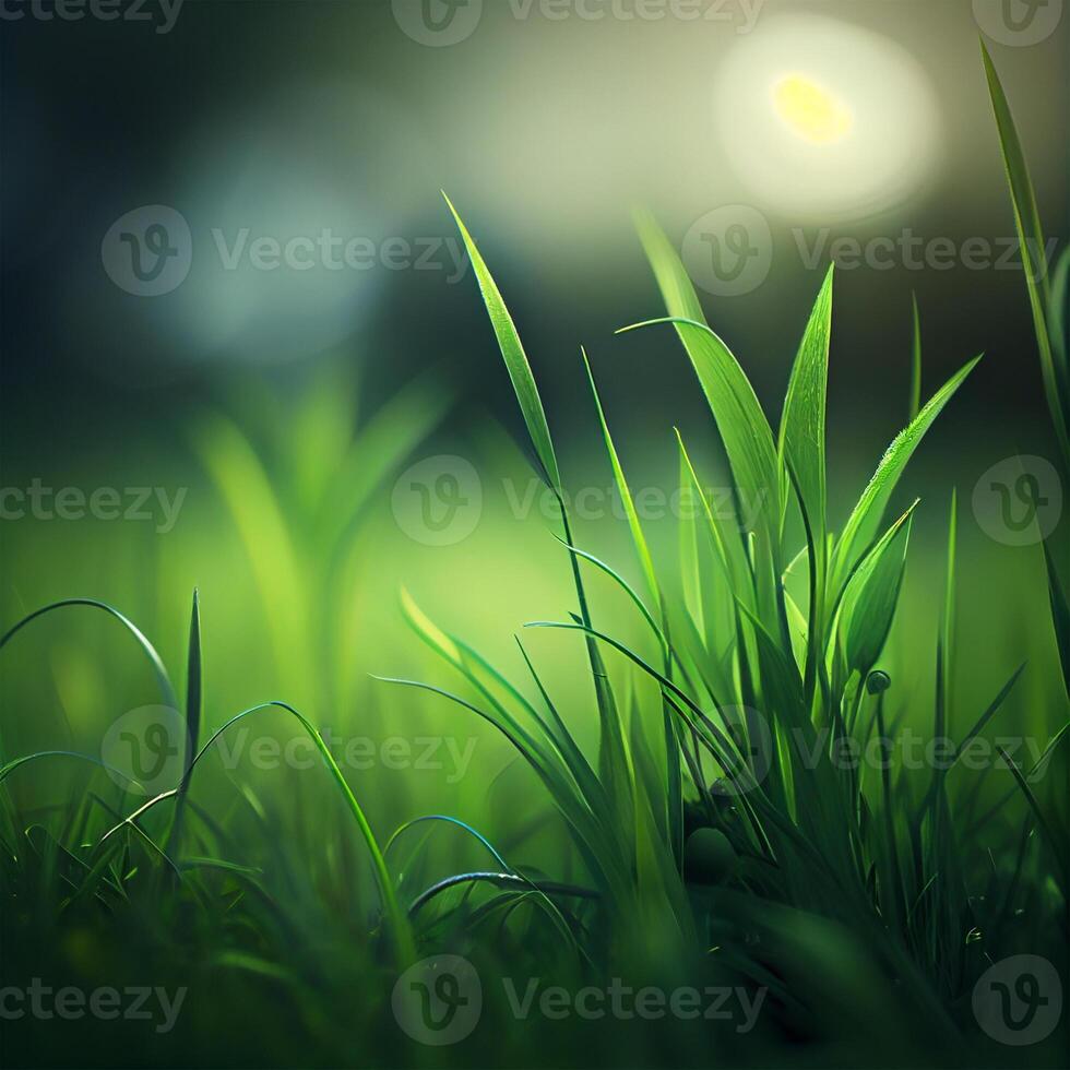 Beautiful texture of green meadow grass with dew drops close up, abstract blur natural bokeh background - Image photo